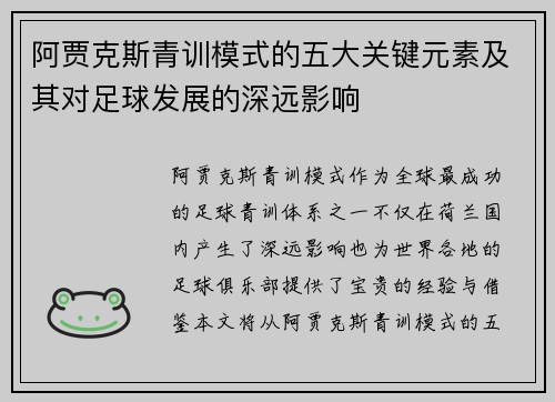 阿贾克斯青训模式的五大关键元素及其对足球发展的深远影响