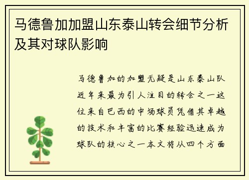 马德鲁加加盟山东泰山转会细节分析及其对球队影响