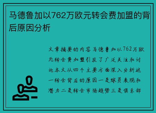 马德鲁加以762万欧元转会费加盟的背后原因分析