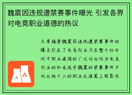 魏震因违规遭禁赛事件曝光 引发各界对电竞职业道德的热议