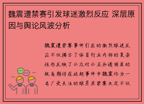 魏震遭禁赛引发球迷激烈反应 深层原因与舆论风波分析